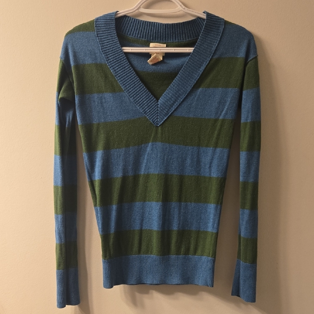 Mossimo Supply Co. Blue and Green Striped V-Neck Sweater